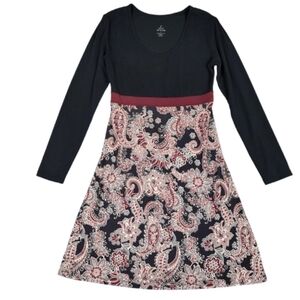 prAna Kaley Long-Sleeve A-Line Dress Black with Burgundy & Gray Paisley Women S